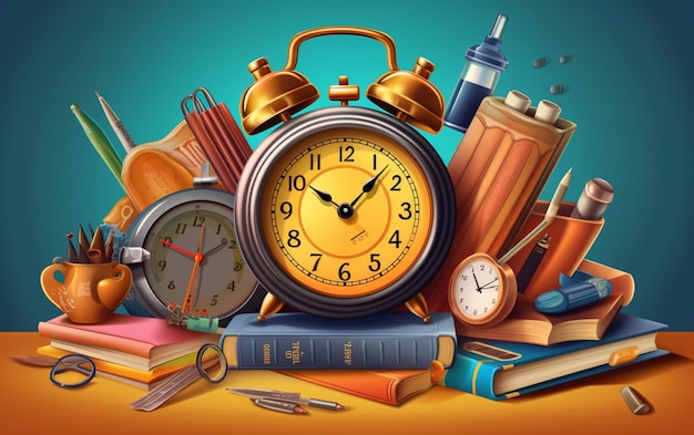 Back to school vector banner design with school items education elements alarm clock