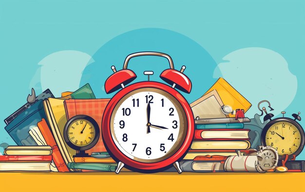 Photo back to school vector banner design with school items education elements alarm clock