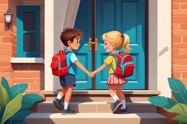 学校に戻るベクトルイラストの背景 幸せな男の子と女の子が初めて学校に行く