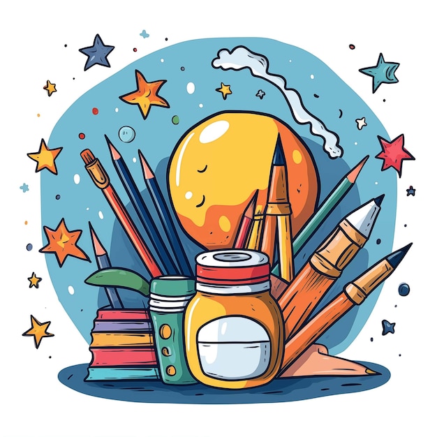 Back to school vector illustration in doodle style Hand drawn school supplies