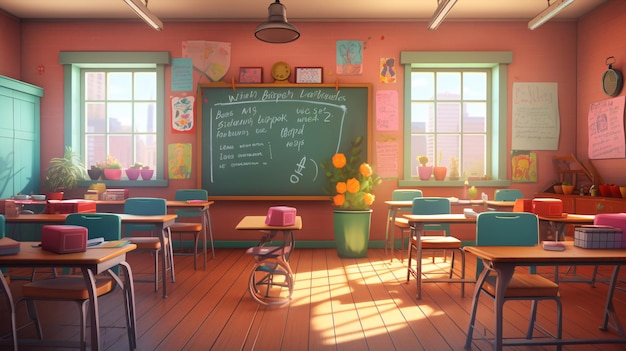 Back to school Vibrant classroom scene filled with colorful chairs and desks colorful stationery and a chalkboard displaying inspiring quotes