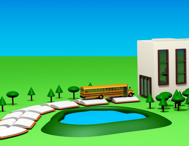 Back to school with bus, book road, school grounds and cartoon style trees