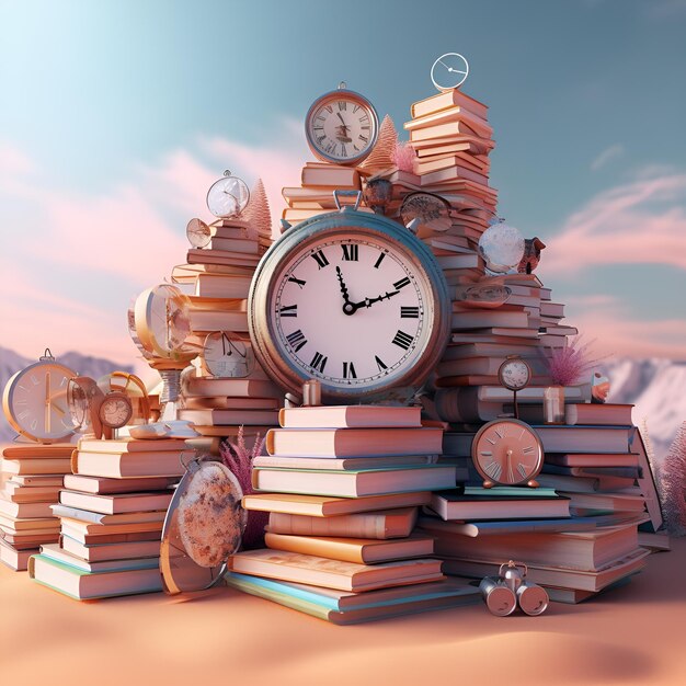 Foto tornato a scuola con una pila di libri e un orologio generative ai