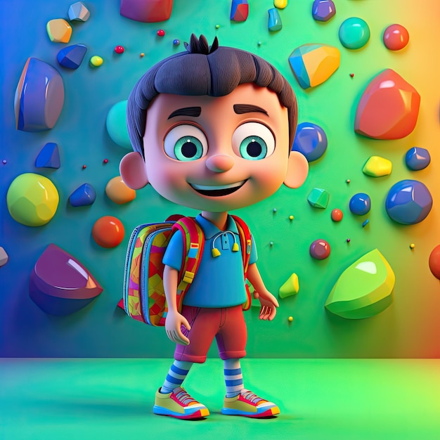 Back to school with a playful cheerful 3D cartoon character of a small boy on a colorful background Generative AI