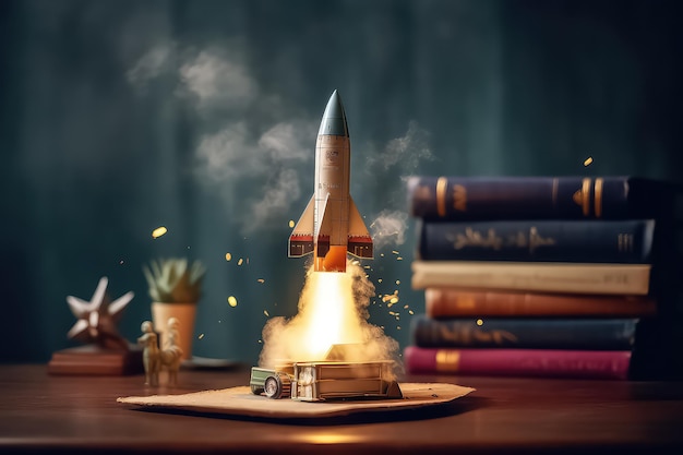 Back to school with a rocket flying out of a book AI