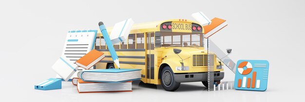 Photo back to school with school supplies and equipment school bus with school accessories and books on pastel color orange and blue tone background realistic cartoon 3d rendering widescreen