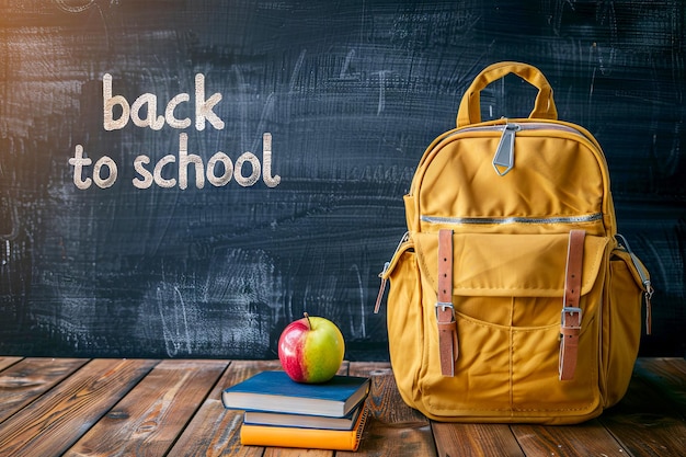 Back to School with Yellow Backpack Books and Apple in Front of Blackboard