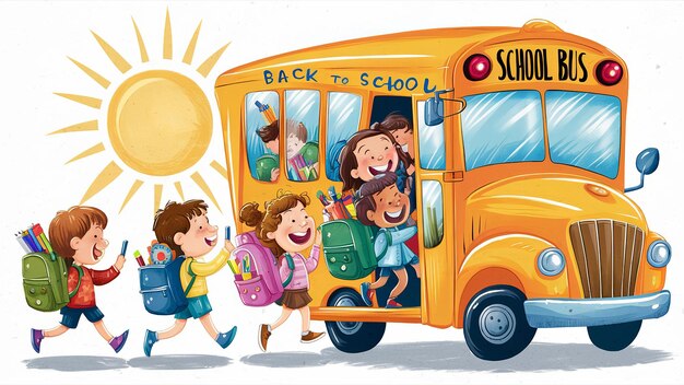 Photo back to school a yellow school bus is filled with smiling and excited children