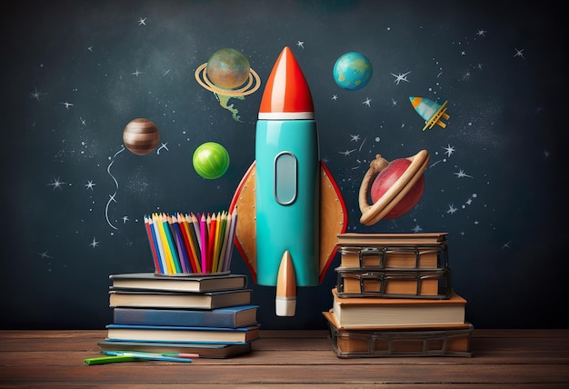 Back To SchoolBooks And Pencils With Rocket