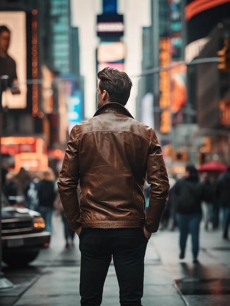 back shot of a man in a busy streets of New York travel man with landscape travel blog