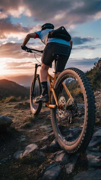 Back shot of mountain bike on sunset rear wheel mountain bike tire