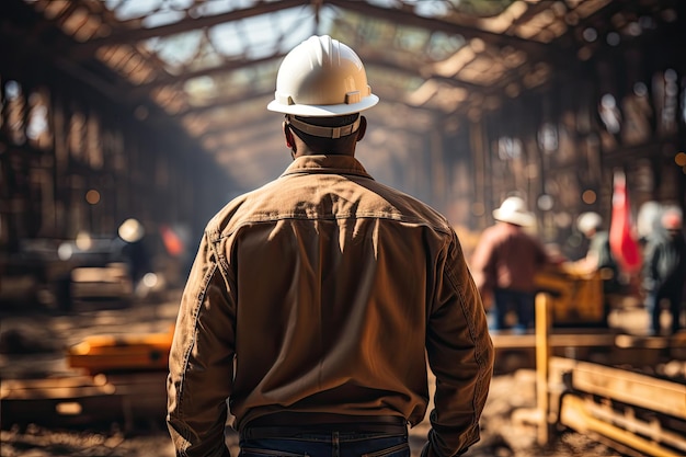 Обратный снимок рабочего подрядчика, носящего защитную шляпу и безопасные ходы на строительстве промышленного здания