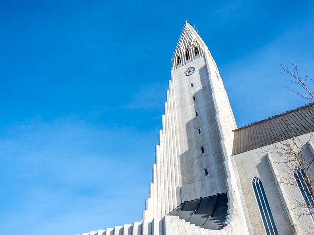 アイスランドの曇りの朝の青い空レイキャビクの下のHallgrimskirkja教会の裏側