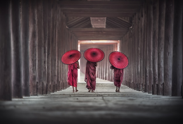 Back side of three Buddhist novice are walking in pagoda