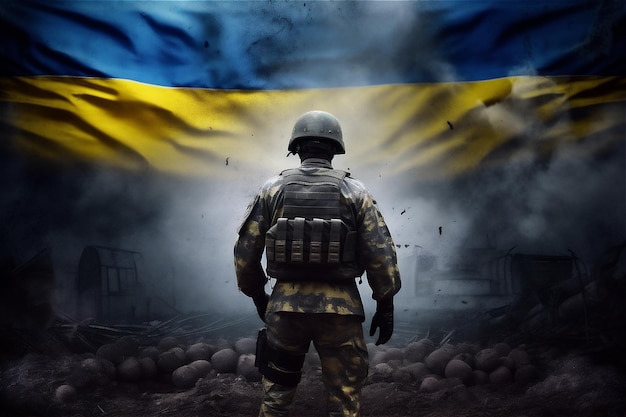 Back of soldier against Ukrainian flag in ruined city War in Ukraine concept Generative AI