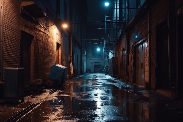 Back street alley with old city houses in rain at night Ai Empty dark alleyway