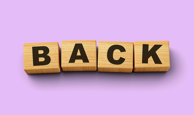 Photo back text on wooden blocks isolated on pastel purple background 3d illustration