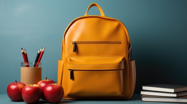 Back to School 3d schooltas met appel en boeken effen achtergrond