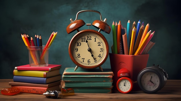 사진 테이블 시간과 시계에 다채로운 알람 시계와 함께 학교 배경으로 돌아갑니다.