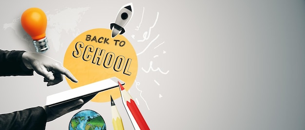 Back to School-concept met tablet en educatieve pictogrammen op een lichte achtergrond