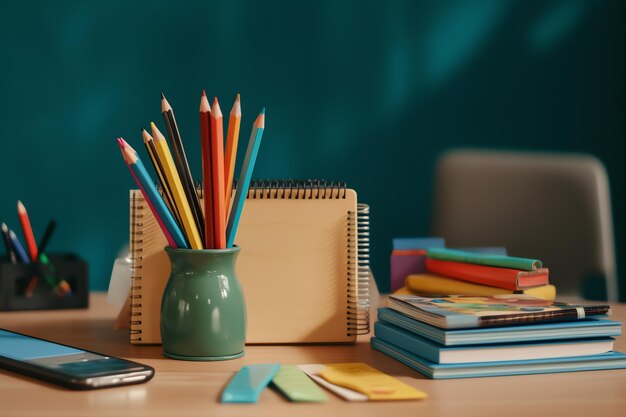 Back to school concept rugzak boeken potloden en ander briefpapier op tafel