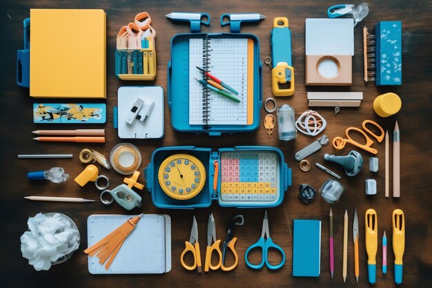 Foto back to school concept rugzak boeken potloden en ander briefpapier op tafel