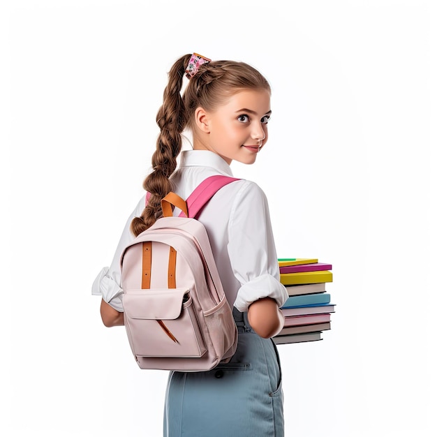 사진 백색 배경에 서 있는 학교 소녀와 복사 공간을 포함하는 학교 개념으로 돌아갑니다.