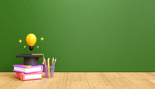 写真 黒板背景教育アクセサリーと文房具要素空のコピースペースバナー漫画3dイラストで学校に戻るコンセプト