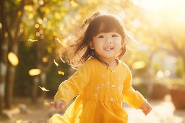 사진 학교로 돌아갑니다. 귀여운 아시아 아이 소녀가 배 ⁇ 을 들고 재미있게 학교로 달려갑니다.