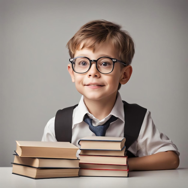 Back to School een vroegrijp jongetje met een bril en een stapel leergierige boeken op tafel