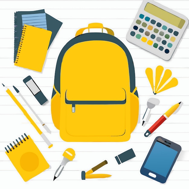 Back to School Essentials Gele rugzak en schoolbenodigdheden