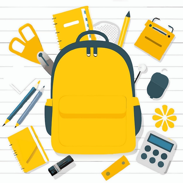 Back to School Essentials Gele rugzak en schoolbenodigdheden