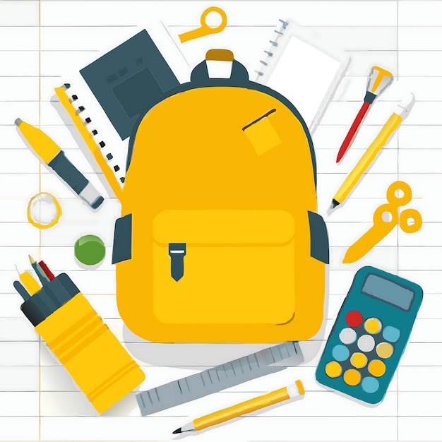 Back to School Essentials Gele rugzak en schoolbenodigdheden