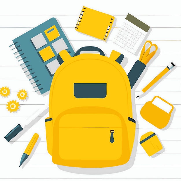 Back to School Essentials Gele rugzak en schoolbenodigdheden
