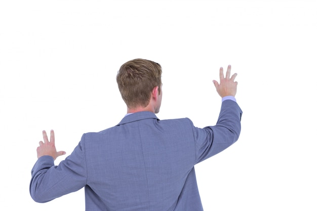 Photo back turned businessman gesturing with hands