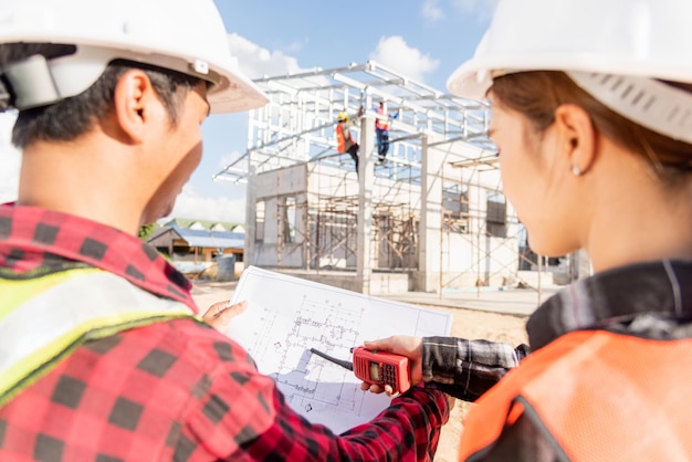 Back two architect and client discussing help create plan with blueprint home building at construction site. Asian engineer foreman worker man and woman meeting talking on drawing paper project