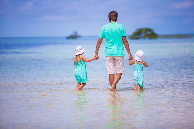 エキゾチックな島で歩いている愛らしい小さな女の子と若い父親の背面図