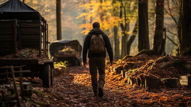 Back view adventurous soul guy exploring woodland