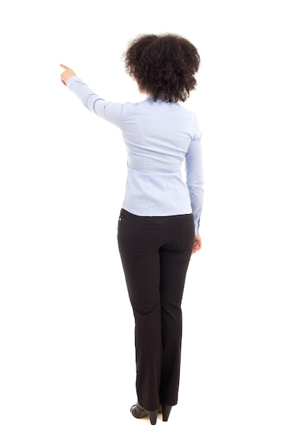 Back view of african american business woman pointing at something isolated on white background