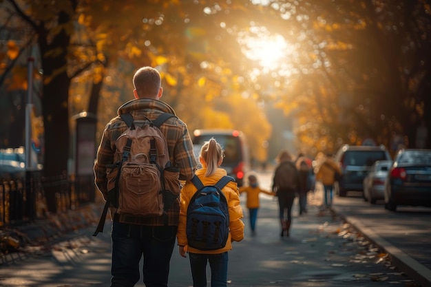 A back view of an American parents commuting to school with their children in the morning