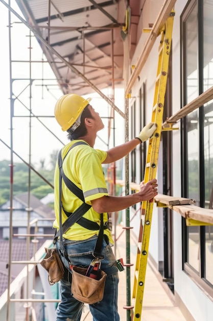 Photo a back view of an asian man construction worker building house