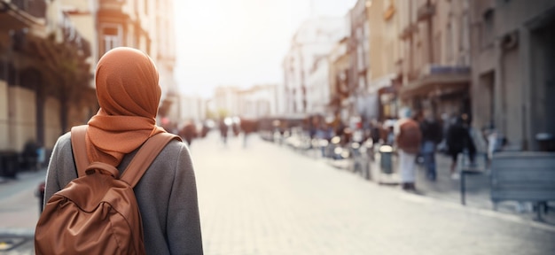 Back view of asian muslim tourist at the street of europe Travel and wanderlust concept vacation and holiday