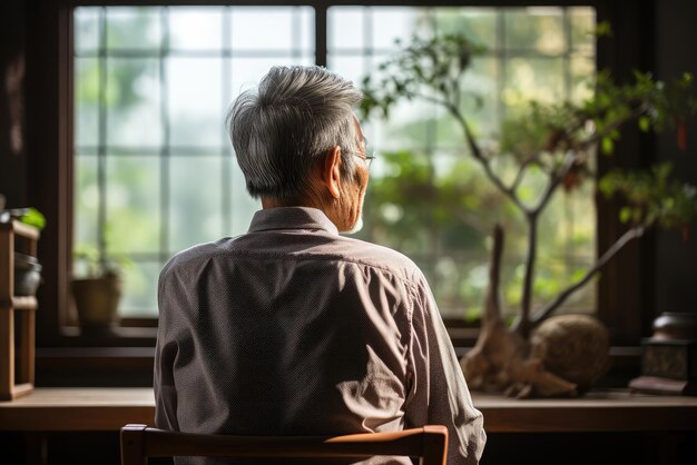 Back view of Asian old man suffering with depression and anxiety at home