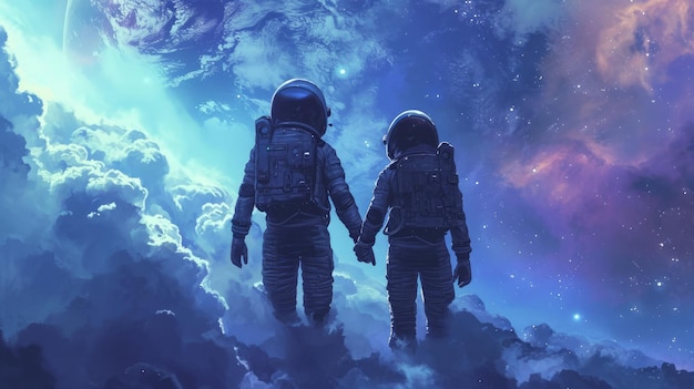 back view of Astronaut couple holding each others hands on space