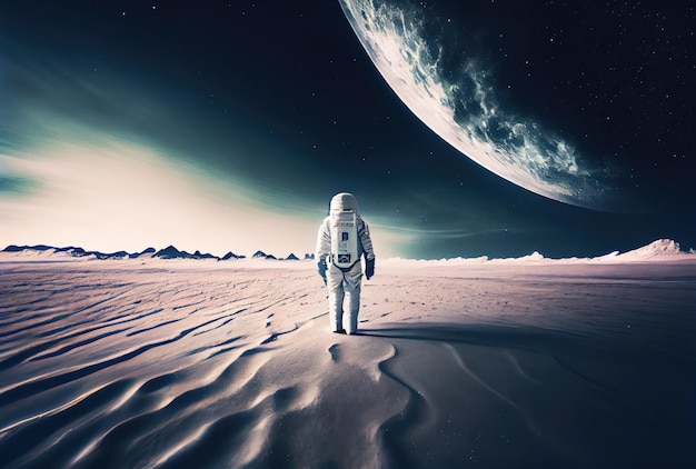 Back view of astronaut with moon in the outer space background People and Science technology concept Digital art illustration theme Generative AI