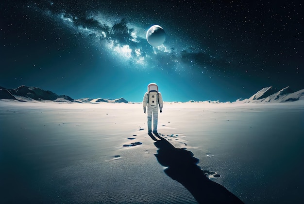 Back view of astronaut with moon in the outer space background People and Science technology concept Digital art illustration theme Generative AI