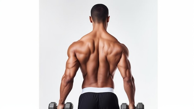 back view of athletic muscular man doing exercises