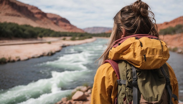 back view of a backpacker with a river in the background