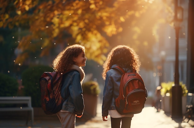 Back view backside shot from behind on 2 cheerful smiling girls with backpacks on their way to school going to class together Happy young friendly schoolgirls Back to school concept Joyful pupil