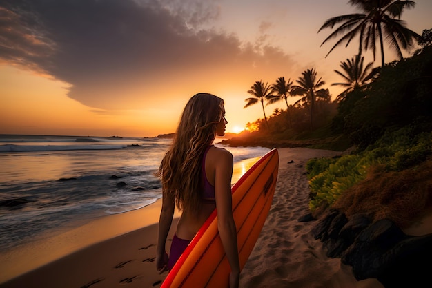 Back view of beautiful sexy surfer girl on the beach at sunset